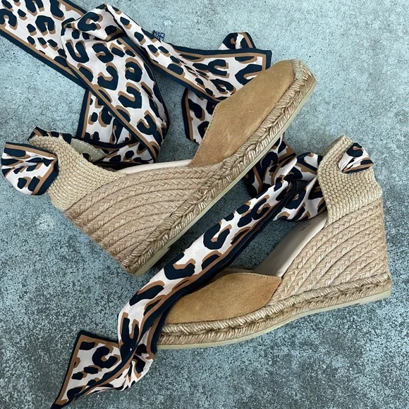 Jo Mercer Womens High Heel Rattan Wedge Tan Suede Shoes Leopard Strap 39/8 - Picture 2 of 4